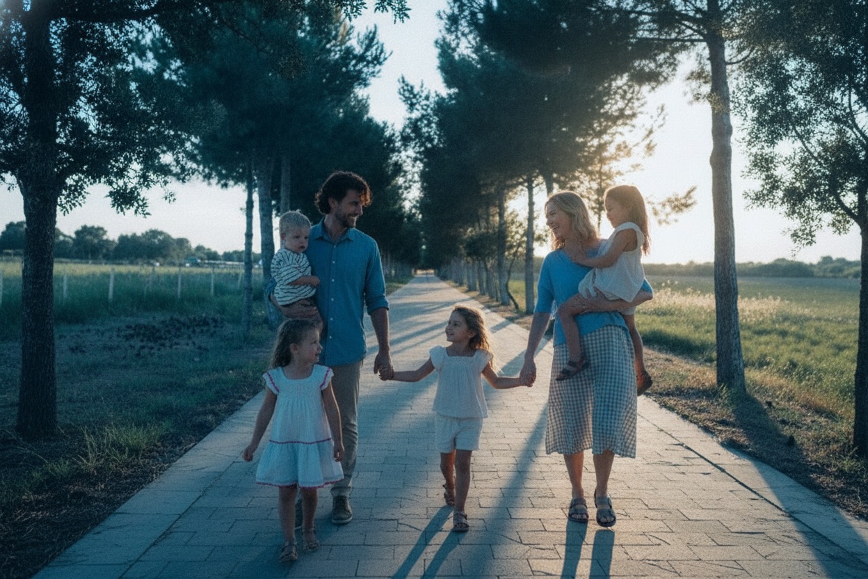 Familia paseando junta al atardecer