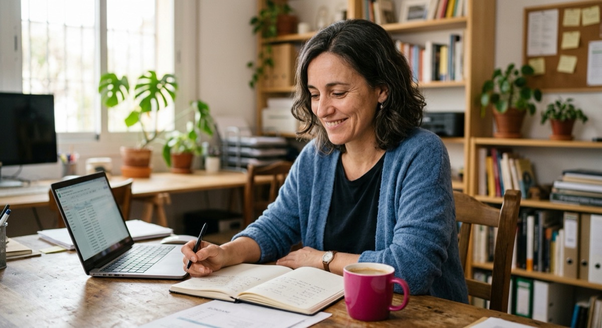 Autónoma sonriente revisando las cuentas de su negocio con tranquilidad
