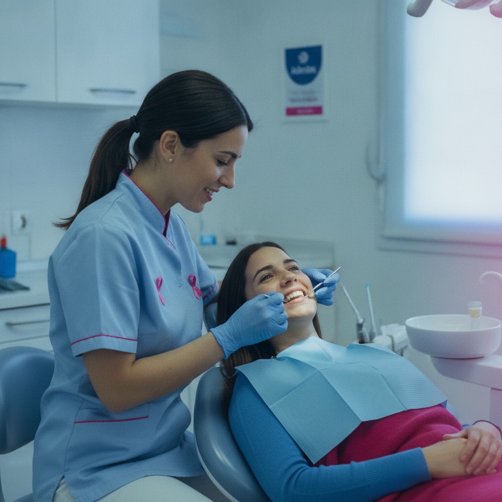 Dentista revisando la sonrisa de una paciente en la clínica