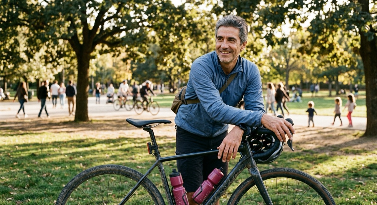 Ciclista sonriendo apoyado en su bicicleta tras entrenar