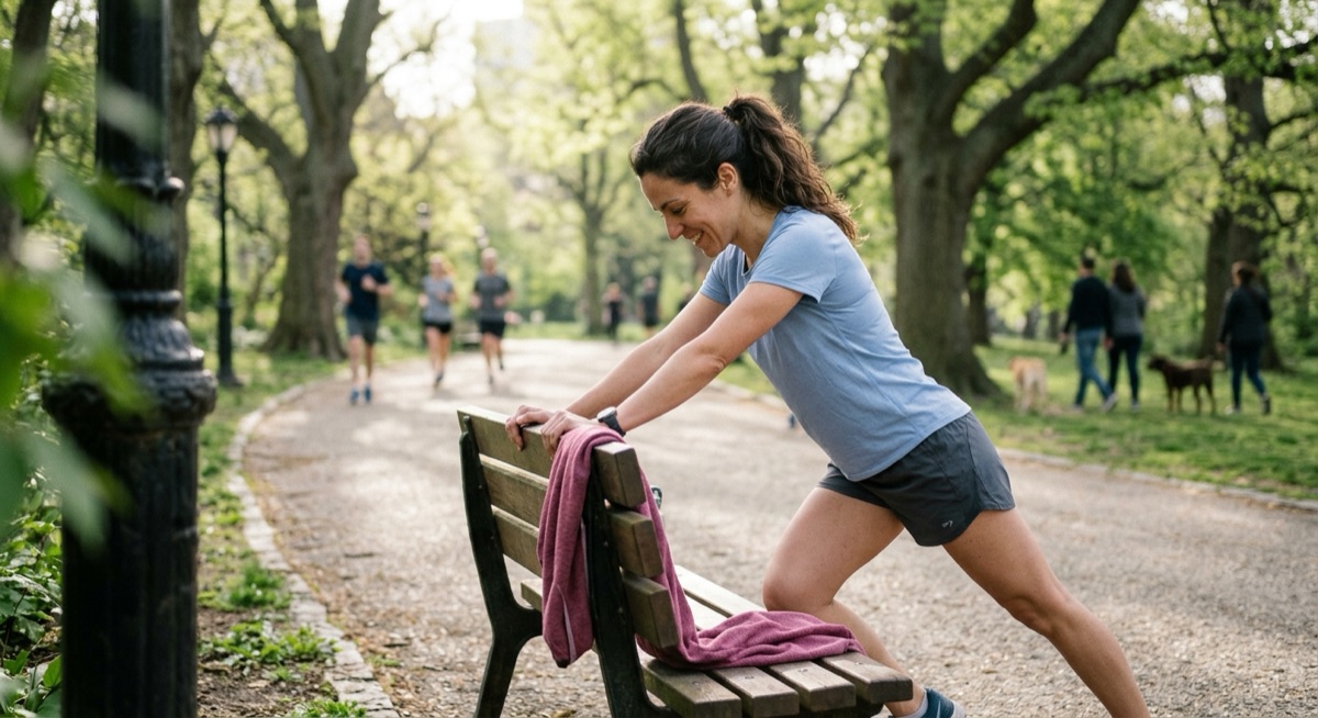 Mujer haciendo estiramientos en el parque antes de salir a correr