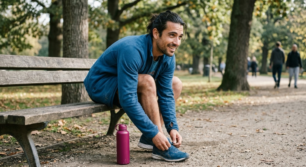 Corredor sonriendo mientras se ata las zapatillas antes de entrenar