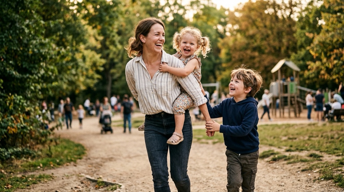 Una madre jugando con sus dos hijos en el parque