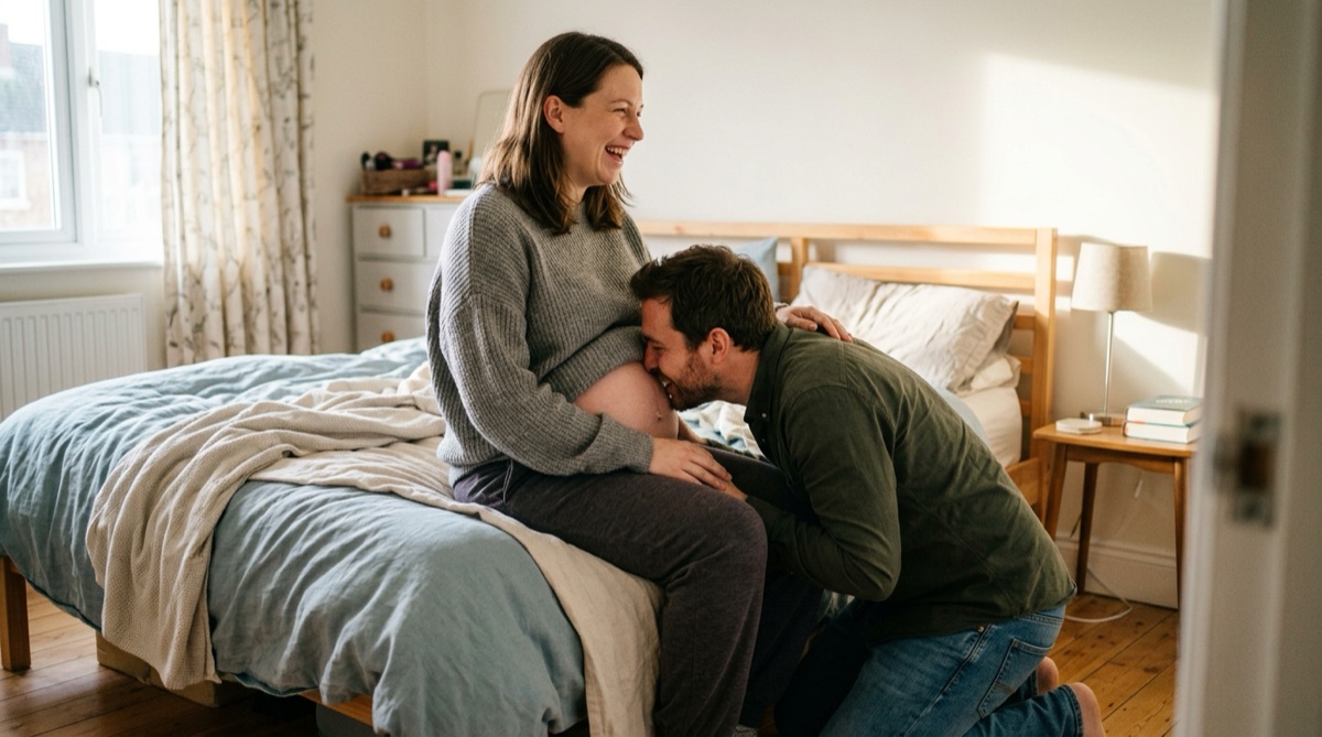 Pareja embarazada compartiendo un momento tierno en casa