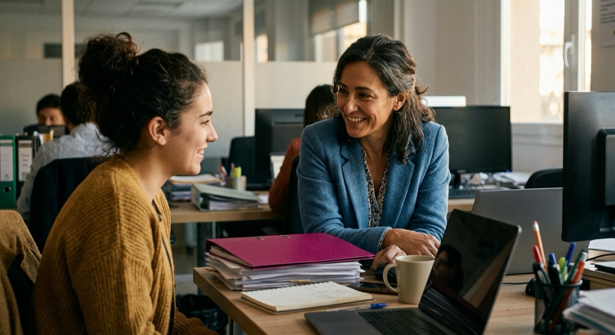 Responsable de RRHH sonriendo al hablar con un empleado en la oficina