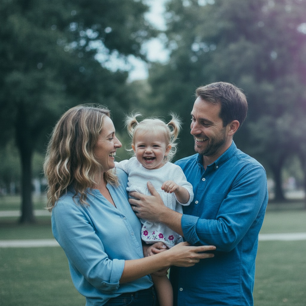 Padres sonriendo con su hija pequeña en el parque