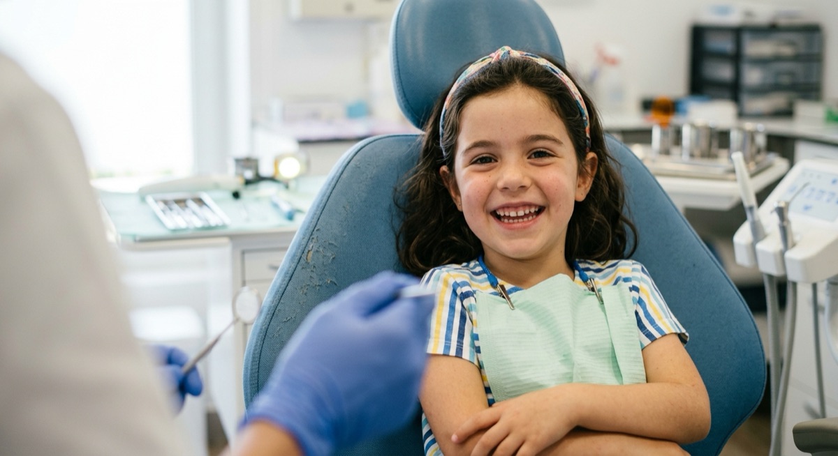Niña sonriendo en una revisión dental infantil