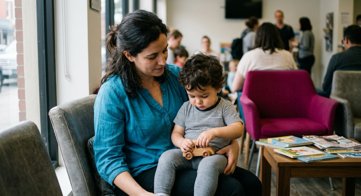 Madre y su hijo pequeño en la sala de espera de una consulta de pediatría