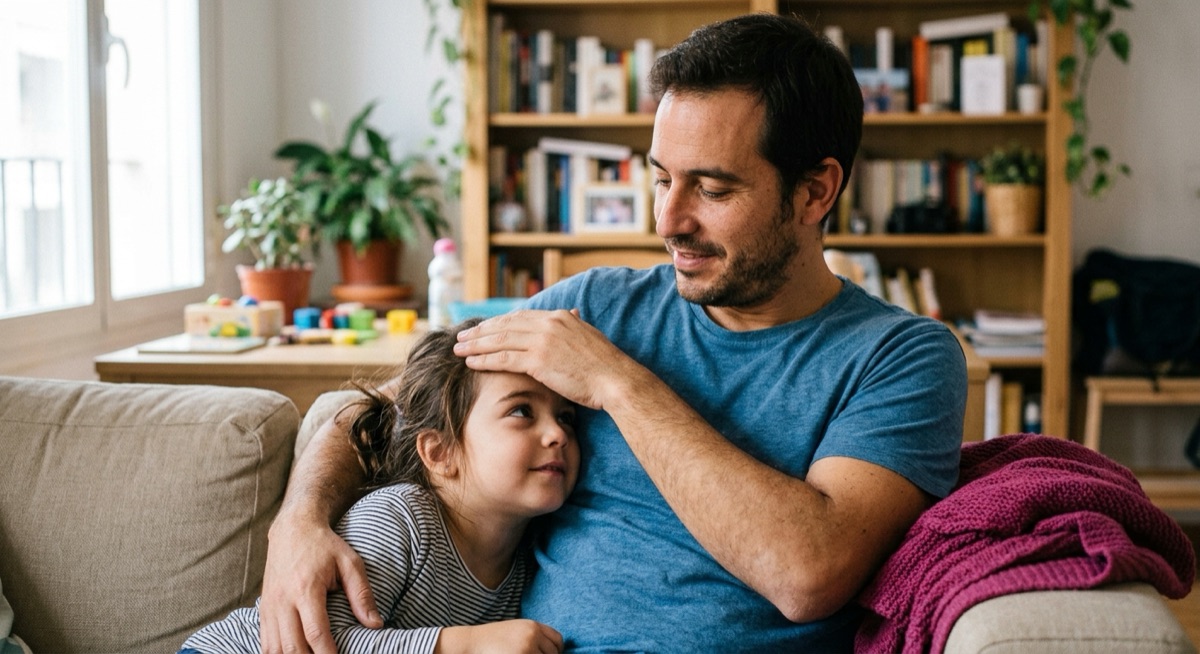 Padre tomando la temperatura a su hija pequeña en el sofá de casa
