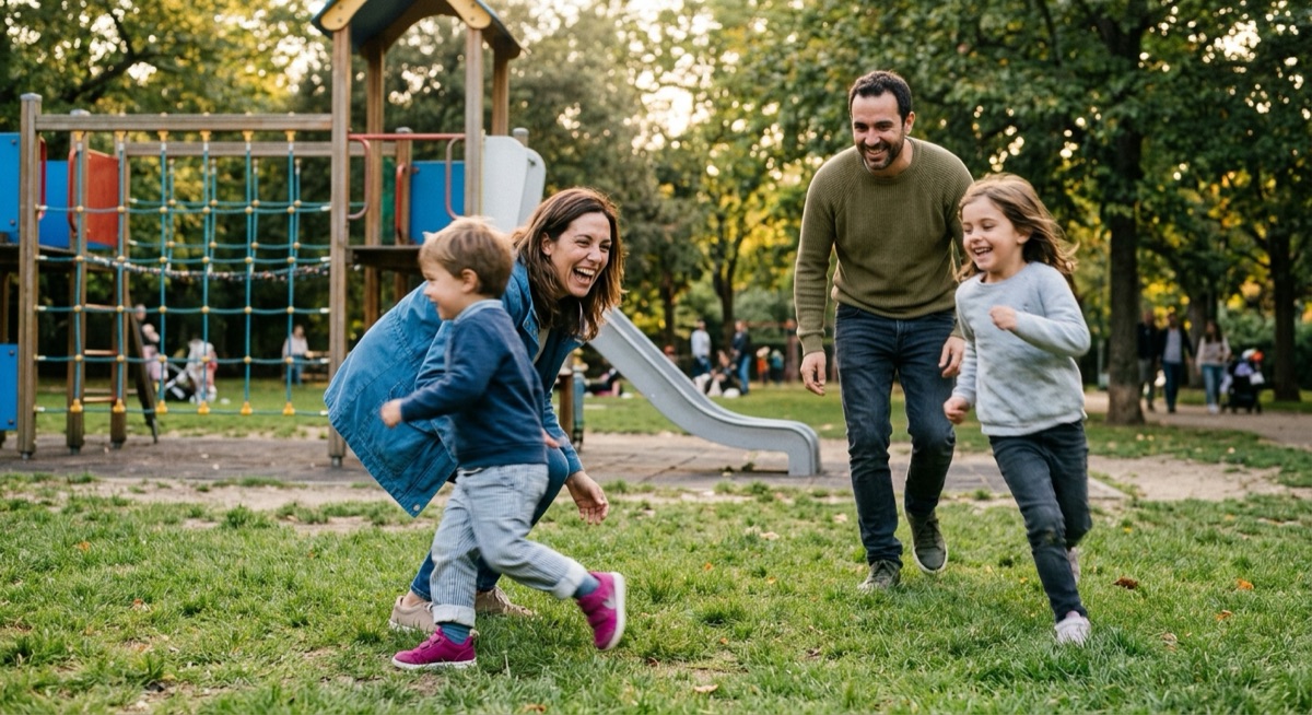 Familia con dos hijos pequeños jugando juntos en el parque