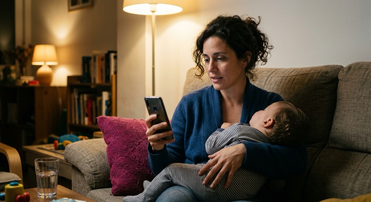 Una madre haciendo una videollamada con un médico mientras sujeta a su hijo pequeño en brazos