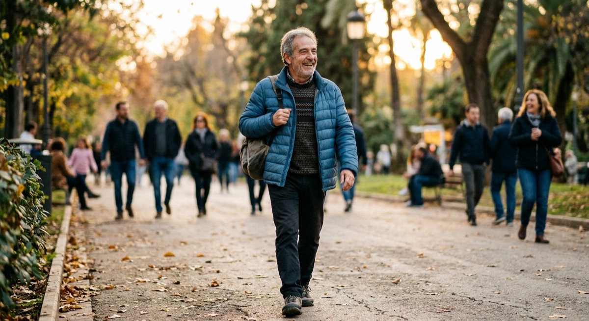 Hombre mayor sonriendo mientras pasea al aire libre