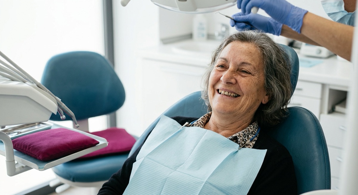 Mujer mayor sonriendo en una revisión dental